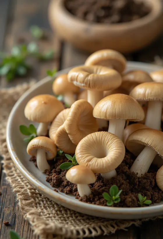 Mousserons des prés émincés avec herbes et ail sur planche