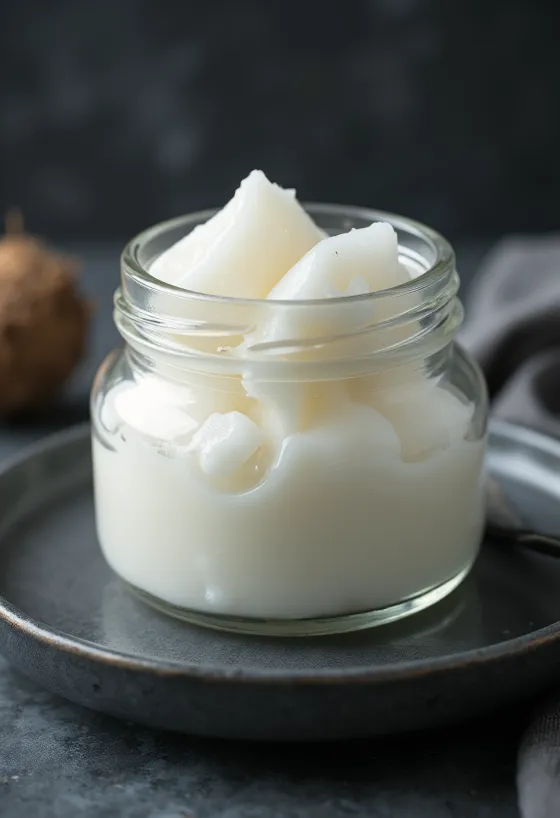 Huile de coco vierge dans un bol avec chair de coco fraîche