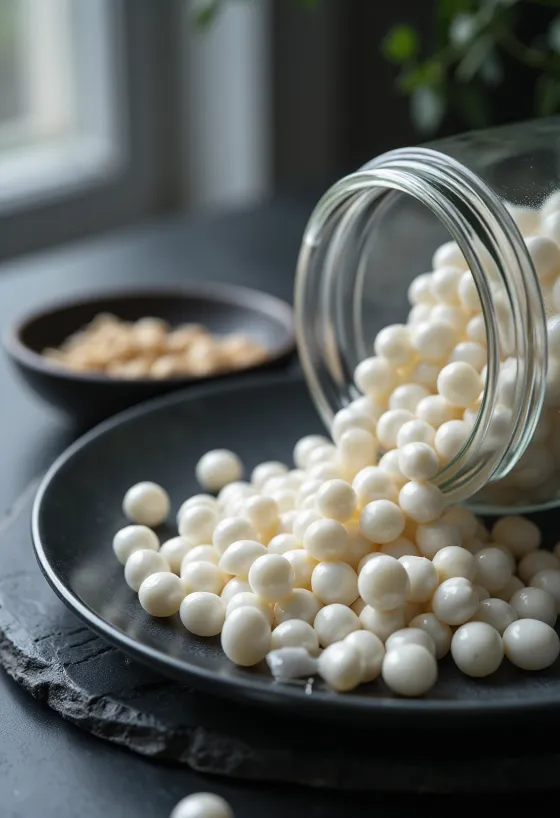 Perles de tapioca dans un bol et éparpillées
