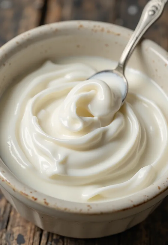 Bol de crème aigre onctueuse avec cuillère sur fond de cuisine