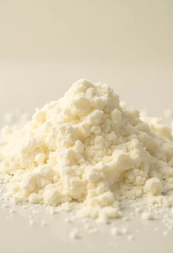 Lait en poudre dans un bol en bois avec cuillère et poudre renversée