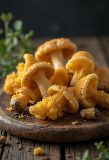 Champignons collybie à pied velouté nettoyés et émincés sur une planche en bois