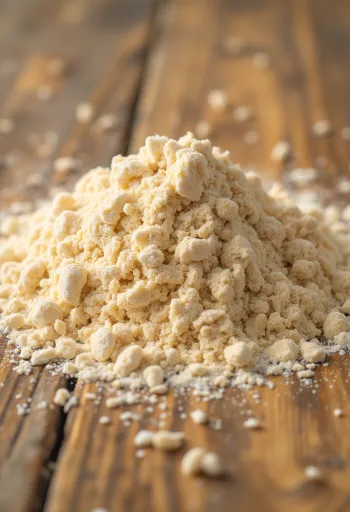 Bol de farine complète et grains de blé sur table en bois