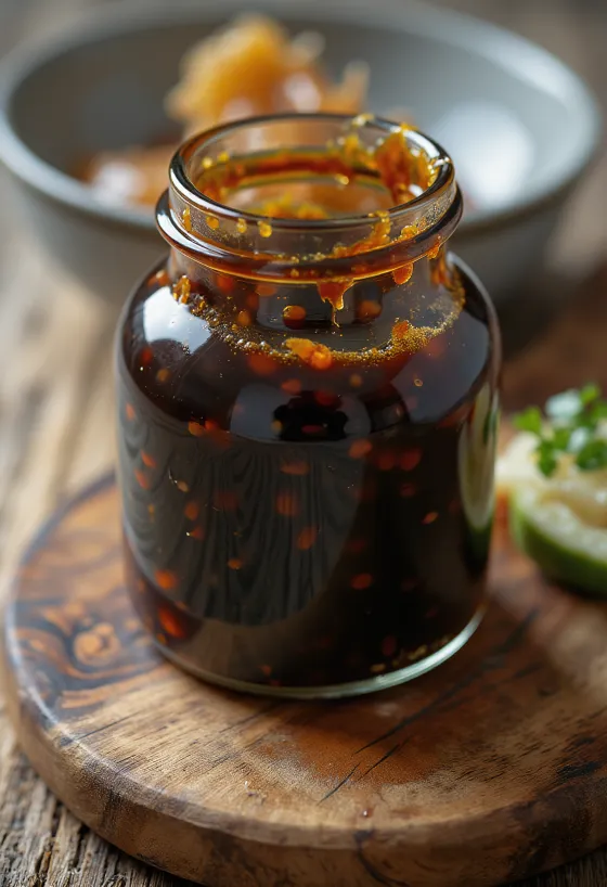 Sauce teriyaki brillante en bol céramique, avec soja, mirin, saké et sucre