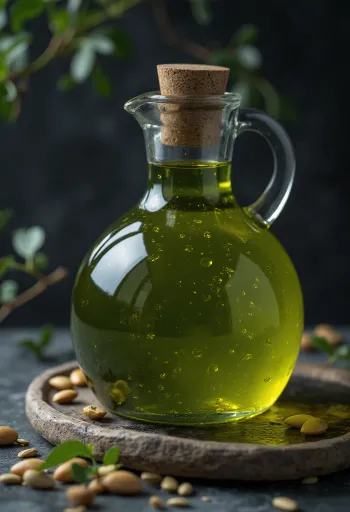 Huile de pépins de courge sombre dans un bol avec graines entières