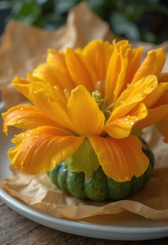 Fleurs de courgette mâles fraîches dressées sur une assiette blanche
