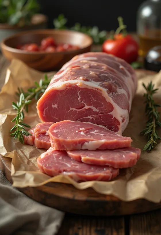 Côtelettes de carré de sanglier crues avec herbes aromatiques