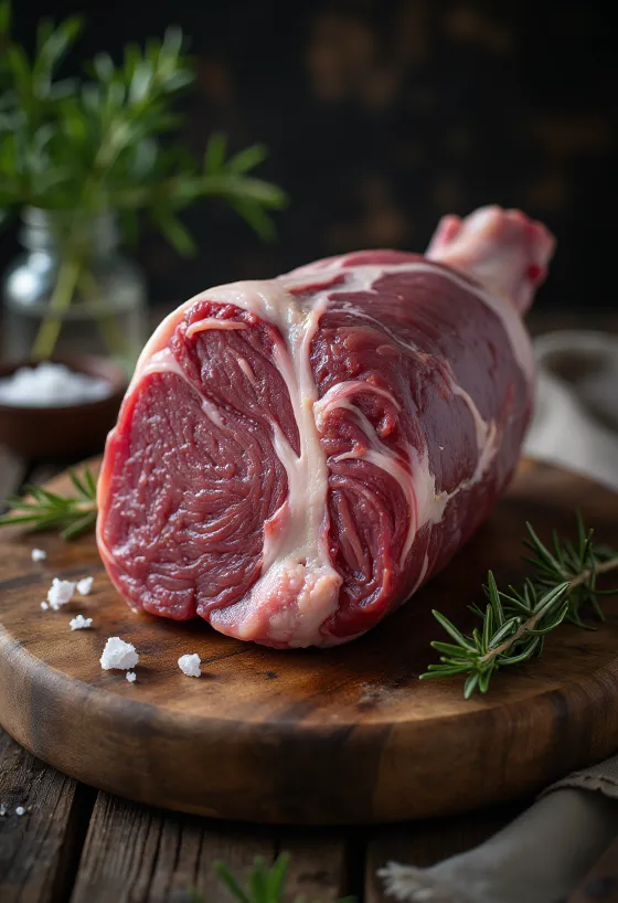 Cuissot de sanglier cru assaisonné sur une planche à découper
