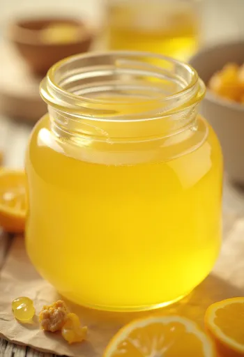 Ghee dans un bocal en verre avec une cuillère sur une planche