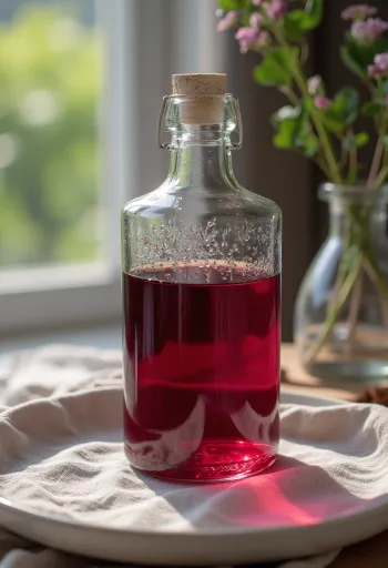Vinaigre de vin rouge dans un bol avec raisins et mère de vinaigre
