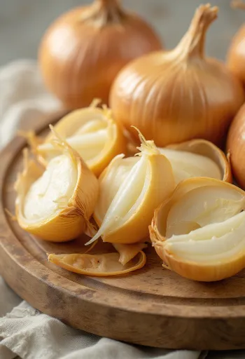 Oignons rouges entiers et tranchés sur surface rustique