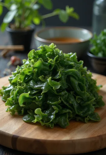 Algue wakame séchée dans un bol et sur bois