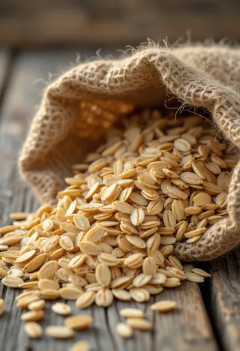 Grains d'avoine nettoyés dans un petit sac et sur du bois