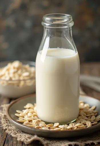 Verre de lait d'avoine versé avec flocons d'avoine en décor