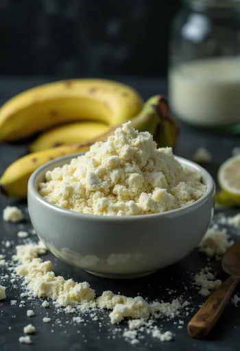 Farine de banane verte dans un bol avec bananes vertes