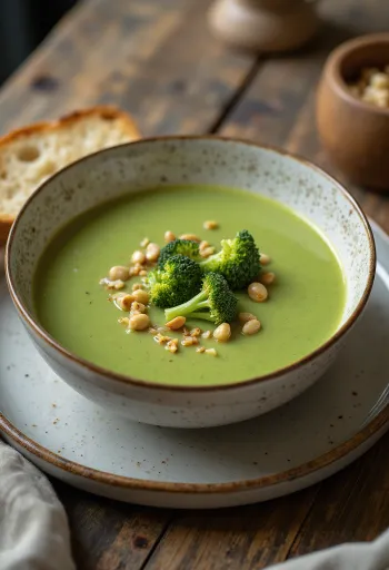 Velouté de brocoli crémeux servi avec croûtons croustillants.