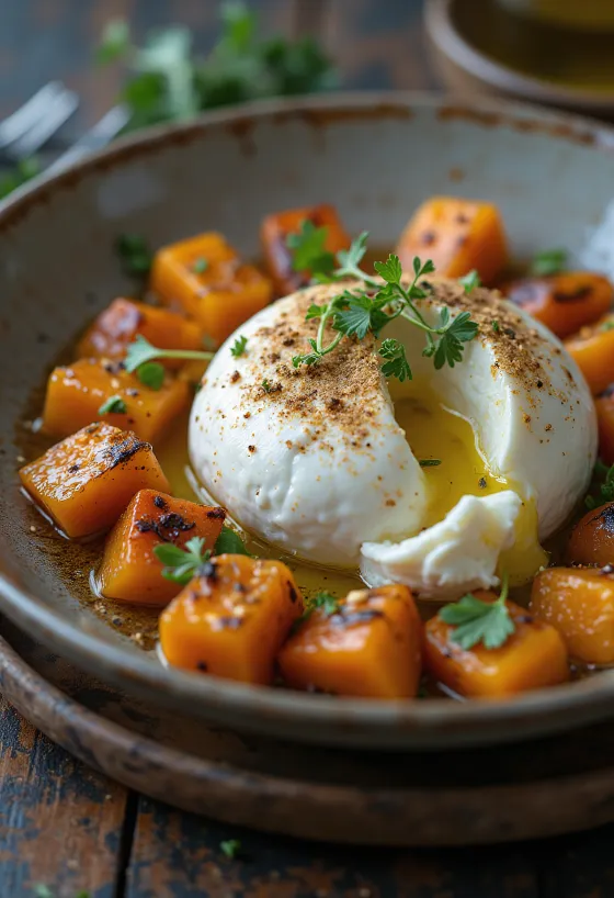 Burrata et patates douces rôties, servies avec persil frais