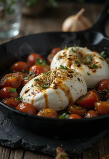 Burrata entourée de tomates grappes confites au four