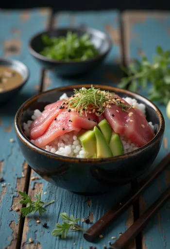Chirashizushi au thon, avocat et coriandre fraîche