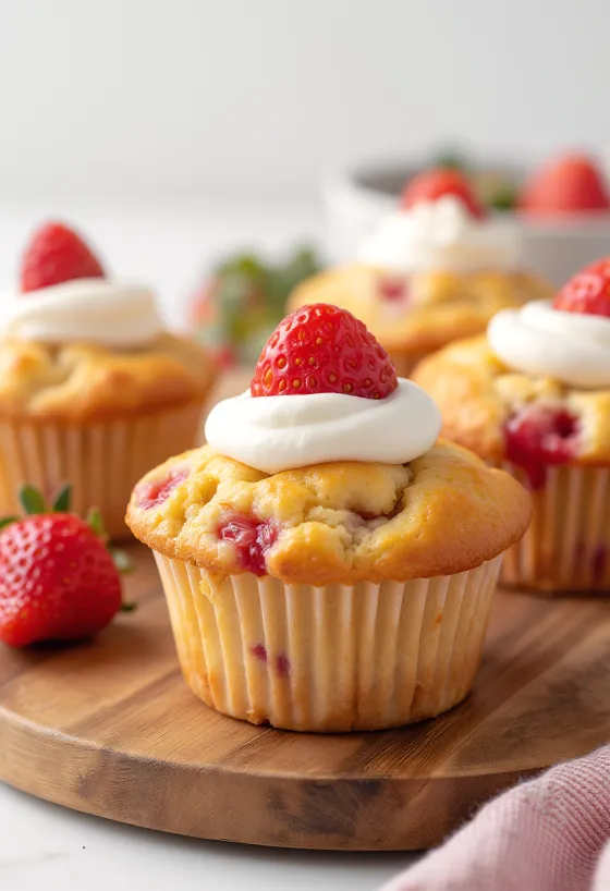 Muffins à la fraise décorés de chantilly