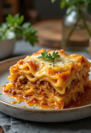 Lasagnes classiques servies avec du basilic frais