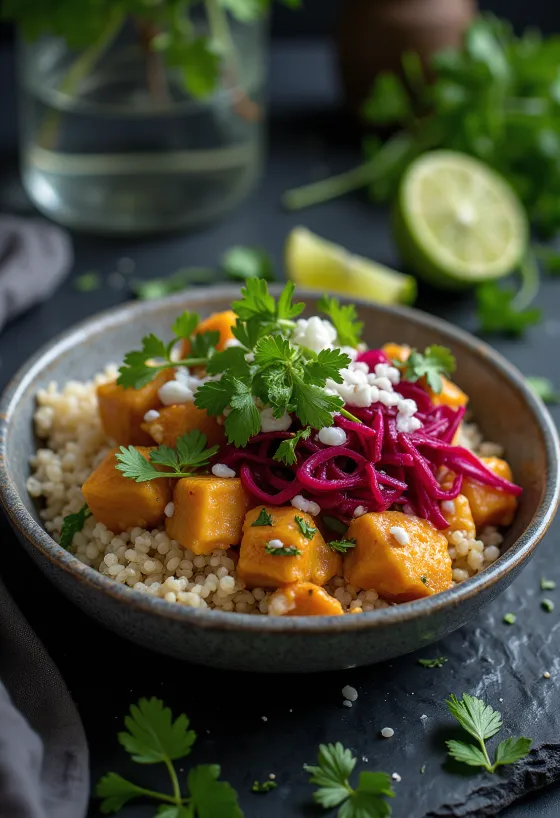 Buddha bowl quinoa citron vert servi avec tofu au curry et betterave