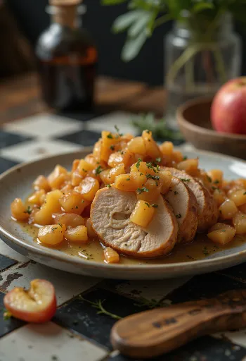 Pork loin servi avec compote de pommes et garni de thym frais