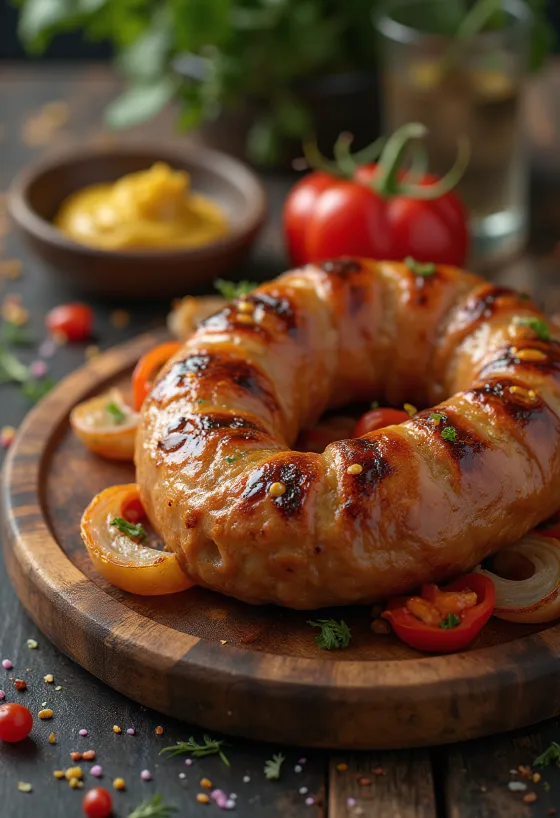 Saucisse rôtie dorée, peau croustillante, servie avec des herbes fraîches