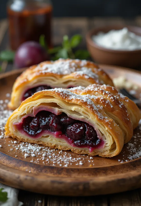 Strudel aux prunes doré au four, saupoudré de sucre à la cannelle