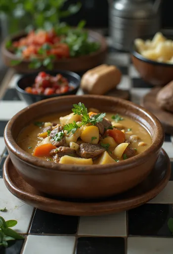 Ragoût au thé au beurre de yack servi dans un bol rustique avec herbes fraîches.