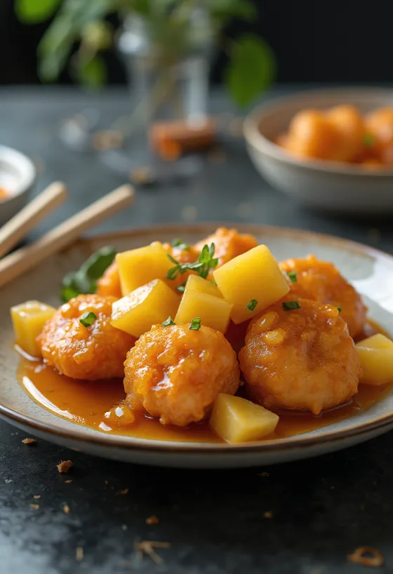Tangsuyuk à l'ananas servi avec viandes croustillantes et légumes frais.