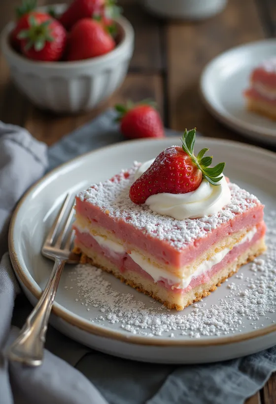 Tranche carrée de génoise avec chantilly et fraise