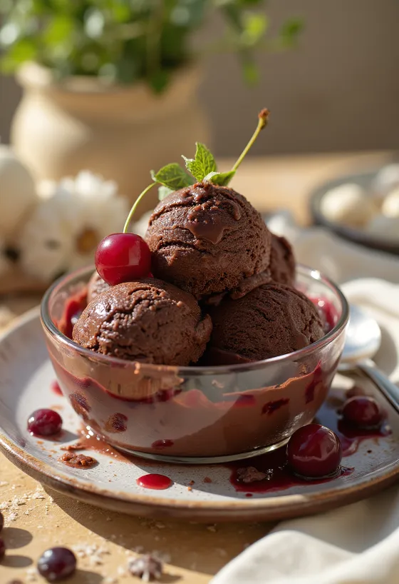 Glace chocolat noir et griottes servie avec des copeaux de chocolat