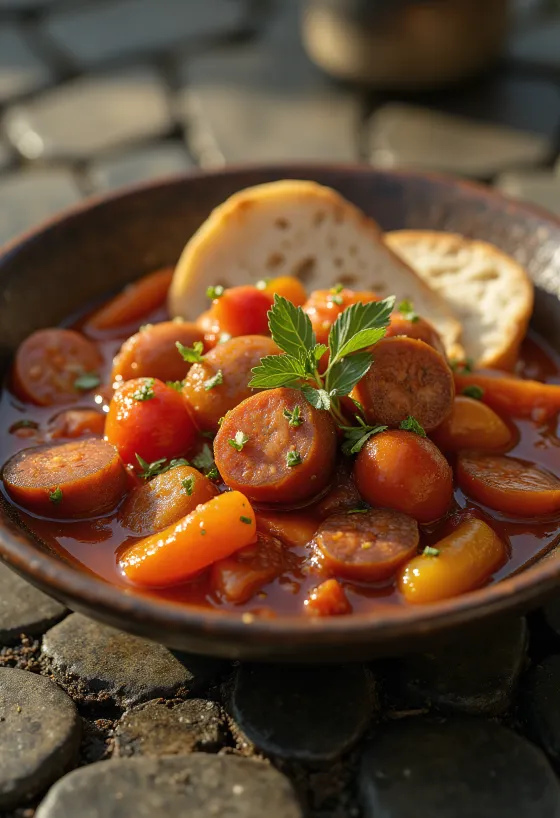 Lecsó avec poivrons frais, tomates et saucisse fumée