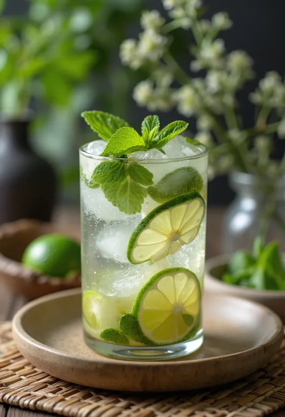 Mojito décoré de feuilles de menthe fraîche et de tranches de citron vert