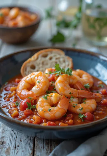 Crevettes à la tomate servies avec des herbes fraîches et du pain croustillant