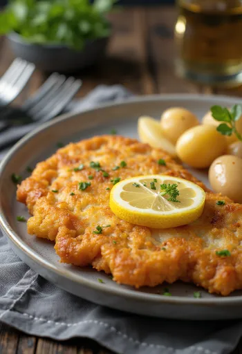 Pork schnitzel avec pommes de terre, porc croustillant et pommes de terre au beurre