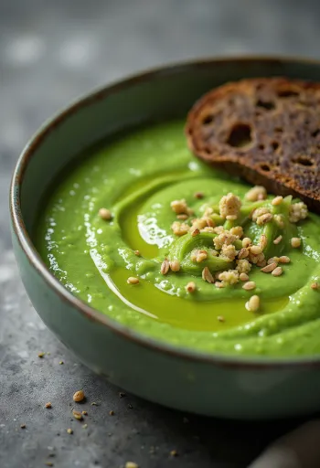 Velouté de brocolis et poireaux servi dans un bol en céramique, décoré de fleurettes de brocoli et rondelles de poireau