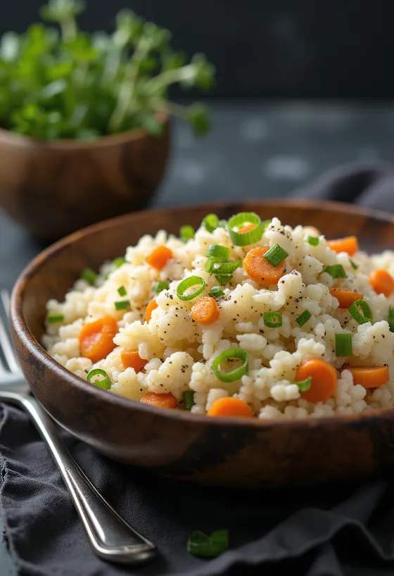 Riz de chou-fleur vegan aux carottes servi