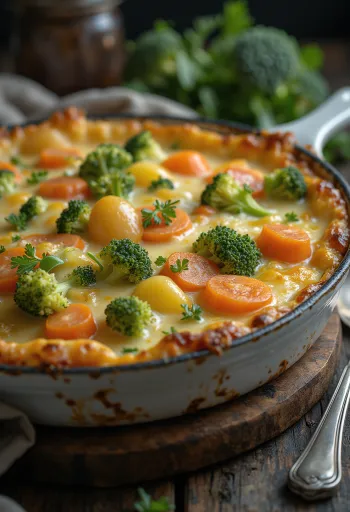 Gratin de légumes étagé, cuit avec du fromage et des épices.