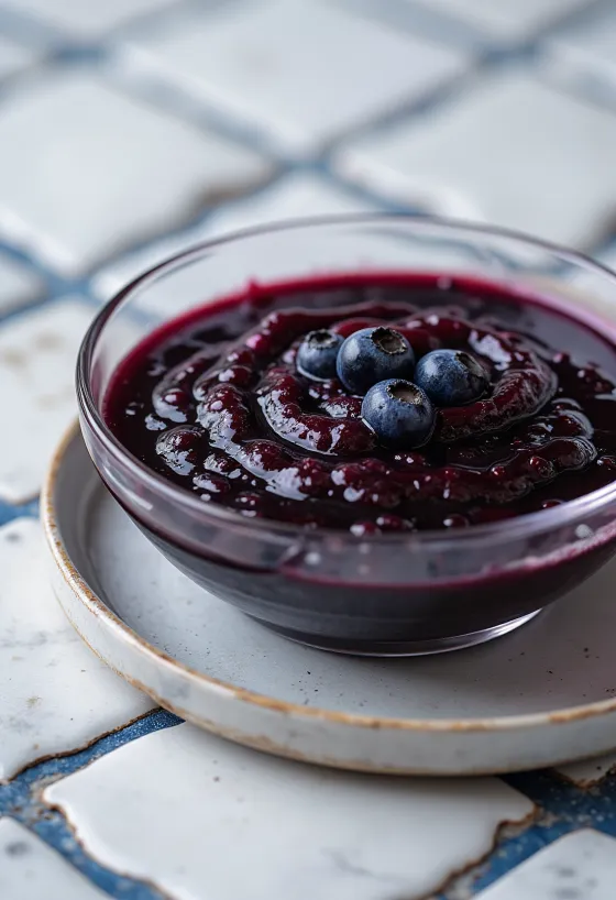 Sauce aux myrtilles, piment et vinaigre balsamique dans un bol, décorée de myrtilles fraîches et rondelles de piment.