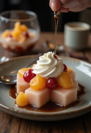 Anmitsu à la crème fouettée servi avec fruits