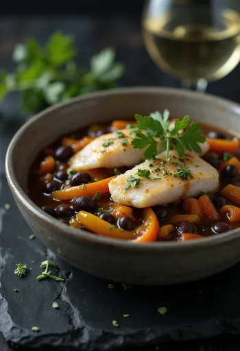 Feijoada aux poissons fumés, servie avec de la coriandre fraîche