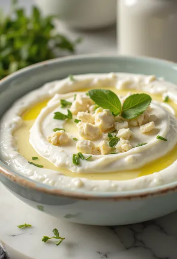 Sauce yaourt feta aneth servie avec pain pita frais