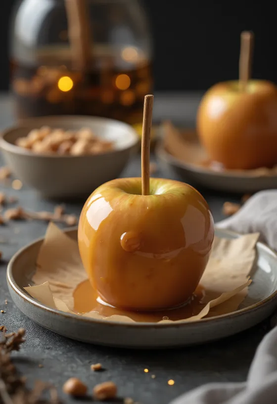 Pomme au caramel doré, enrobage croustillant
