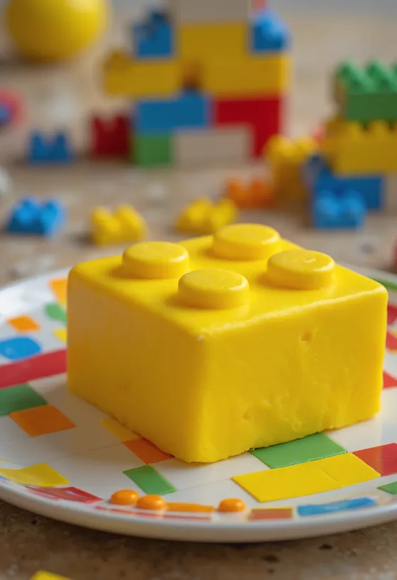 Gâteau LEGO avec couverture en pâte à sucre colorée et décorations briques