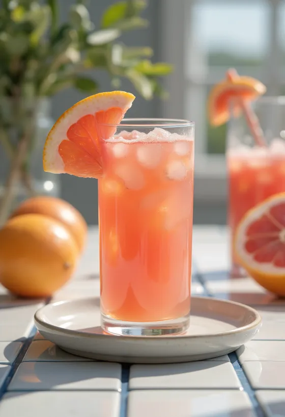 Jus Orange-Pamplemousse dans un grand verre, décoré de tranches d'orange et de pamplemousse