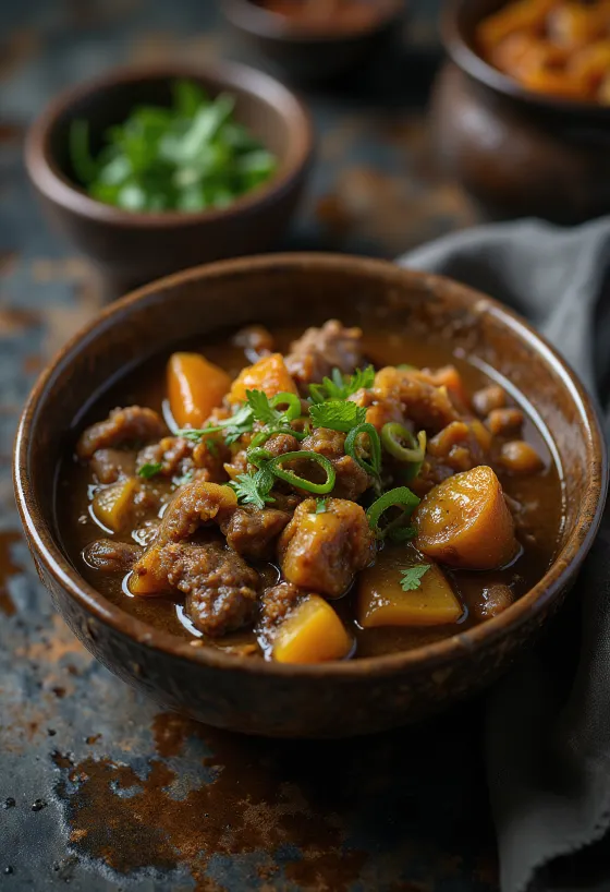 Nihari aux légumes, servi avec des épices riches et de la coriandre fraîche