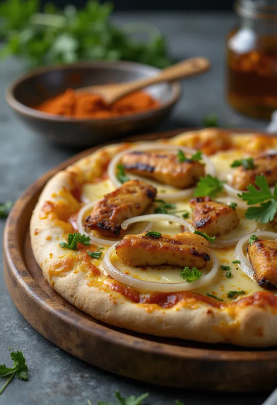 Pizza Ghanaian Style servie avec poulet et coriandre