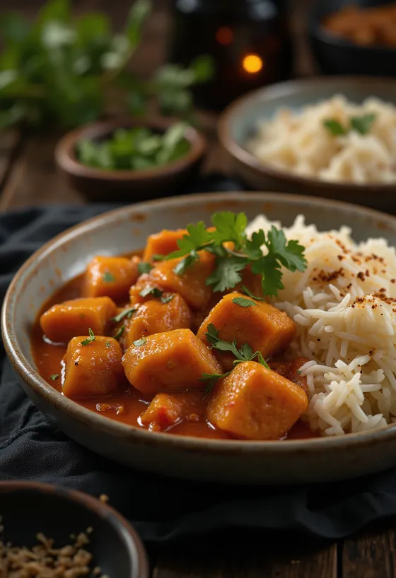 Pork Vindaloo servi avec riz et coriandre fraîche